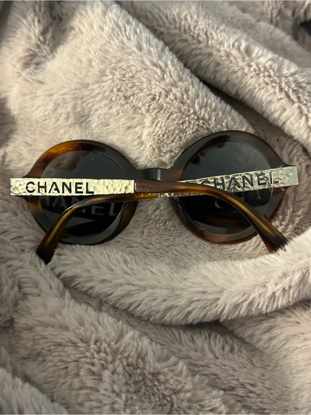 CHANEL Tortoiseshell Round Sunglasses with Gold Hammered Logo